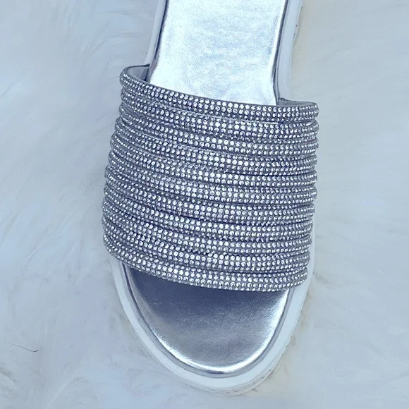 Restock!  White Platform Silver Rhinestone Embellished Wedge Slide-In Sandals - Picture 3 of 12